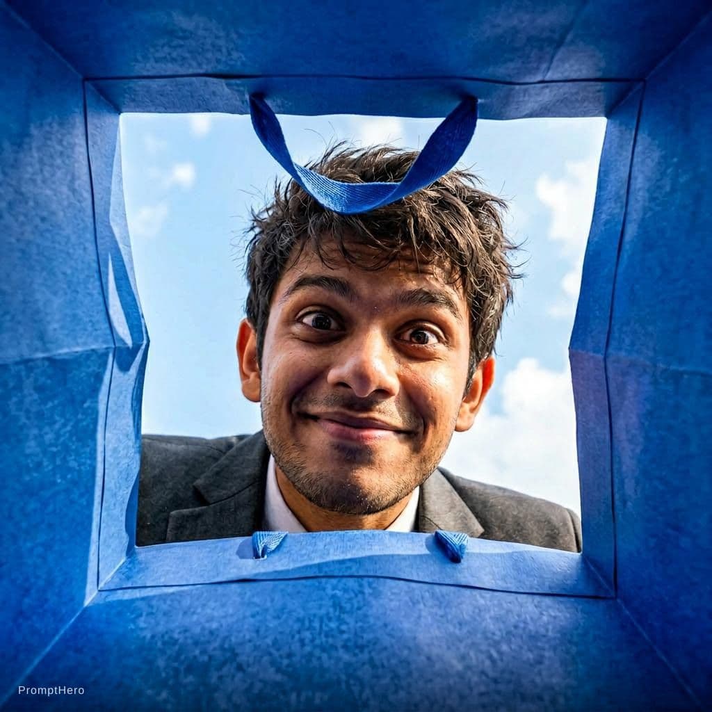 AI generated: Create a vibrant, adorable, high-end advertising photo shot from inside a shopping bag, looking upwa...