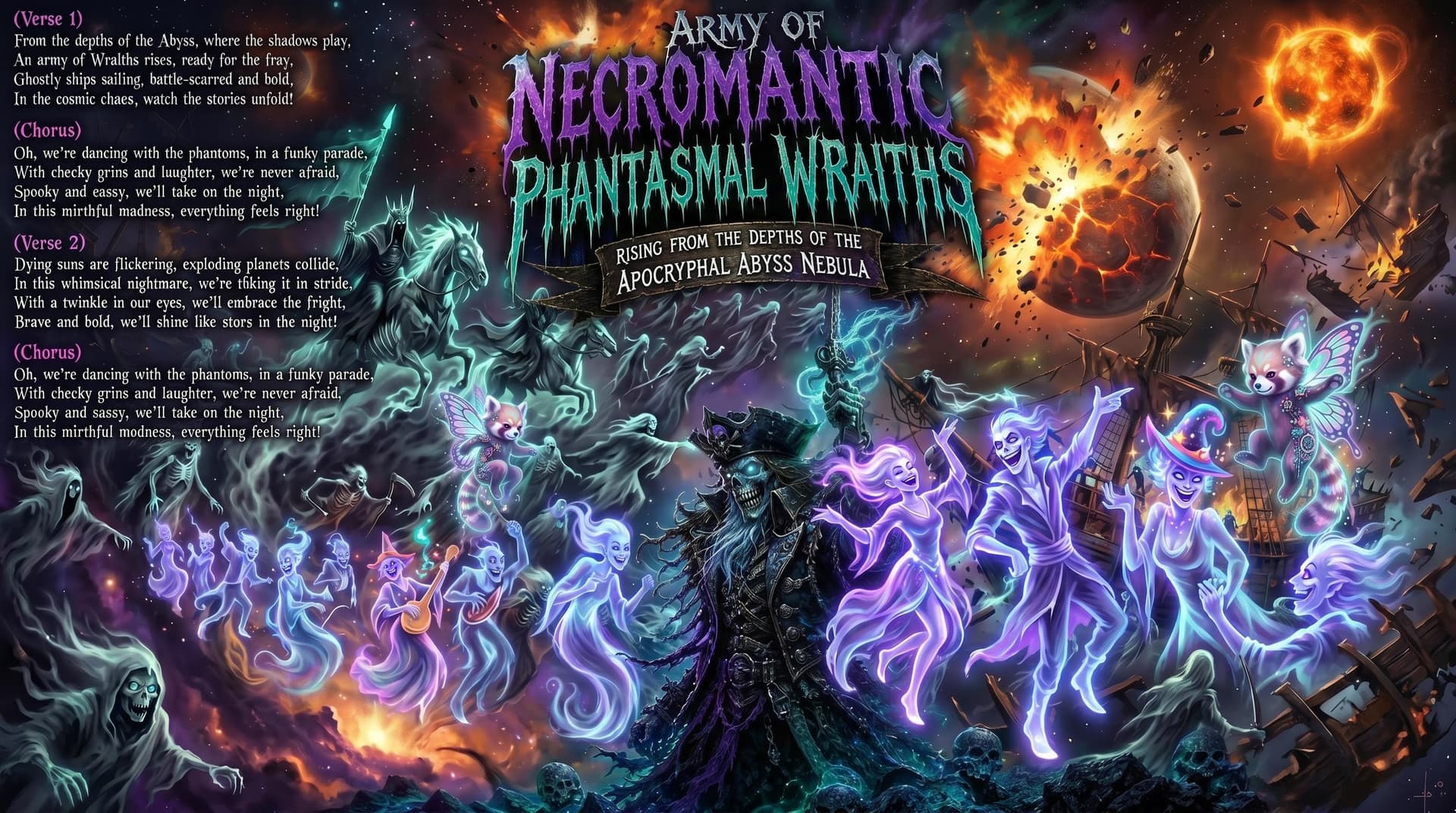 AI generated: Army of Necromantic phantasmal Wraiths, rising from the depths of the Apocryphal Abyss Nebula, ghost...