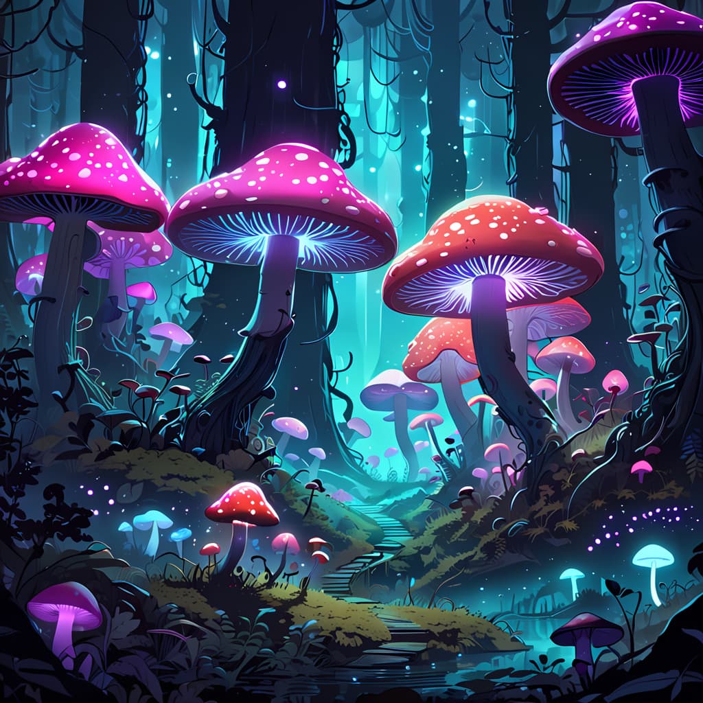 AI generated: an image of a bioluminescent celestial mushroom paradise forest, fantasy, illustration, animation, s...