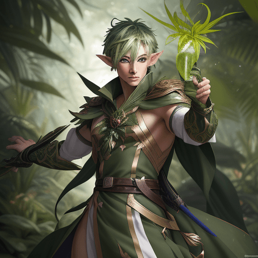AI generated: "Abstract anime art of a male elf with military green hair, wielding plant-based magic. Clad in foli...