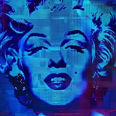 AI generated video: Marilyn Monroe on a pixelated computer screen, she is smiling 