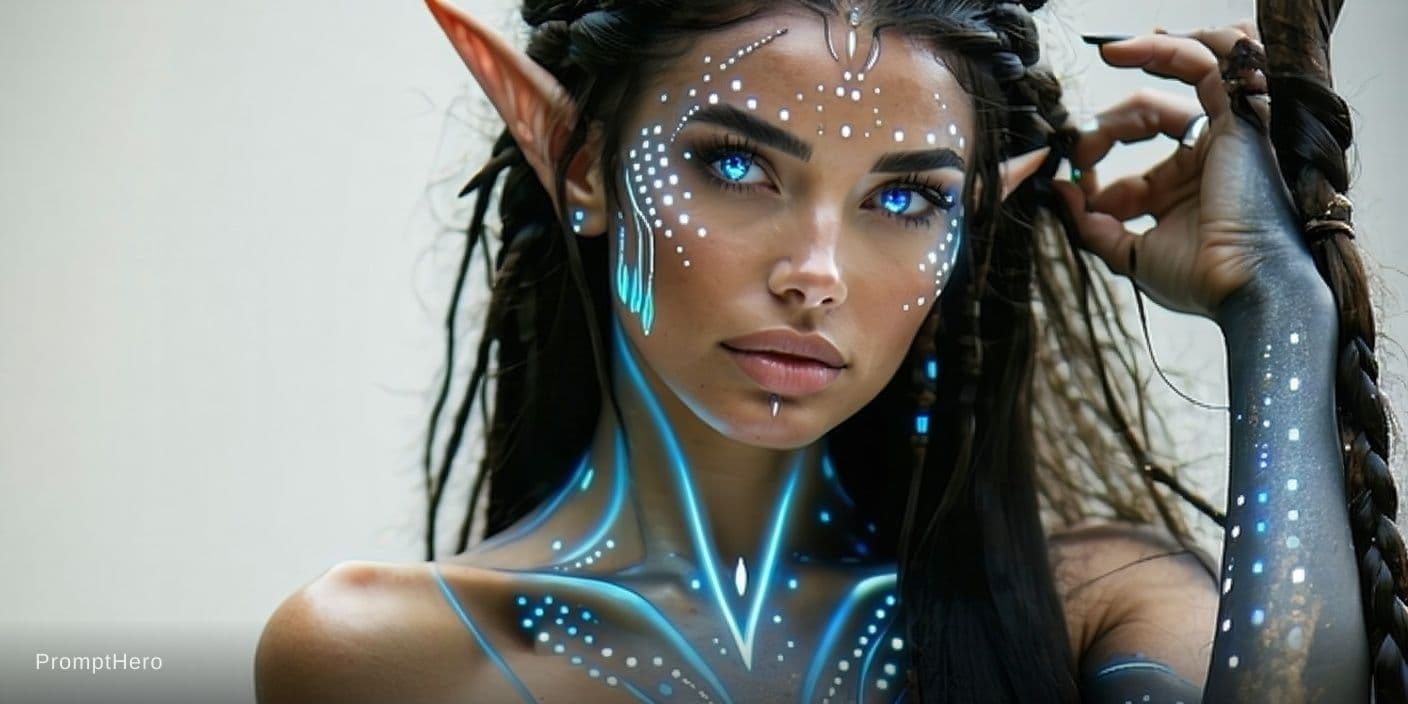 AI generated: blue humanoid avatar with bioluminescent avatar markings dots and patterns on their skin. Pointed el...