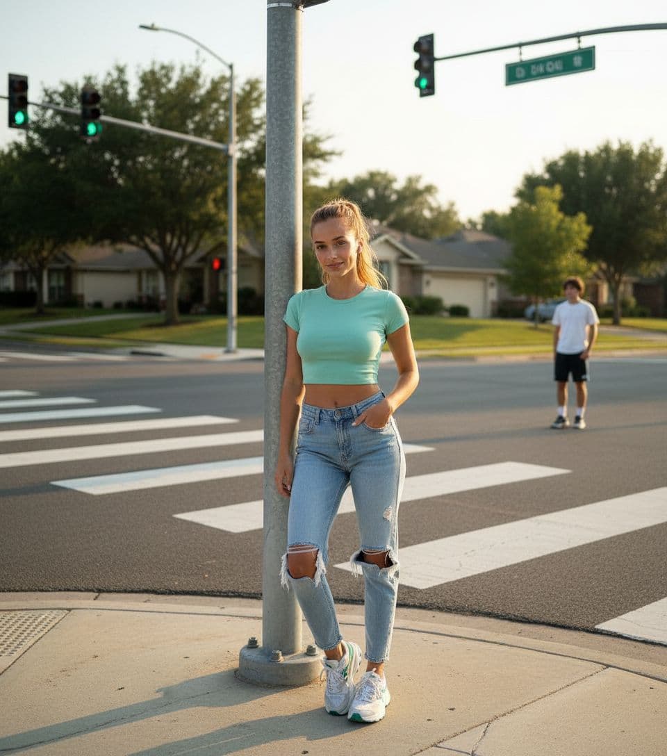 AI generated: 22 year old 5 foot 7 spanish girl, standing on the corner of a suburb waiting to cross at the crossw...