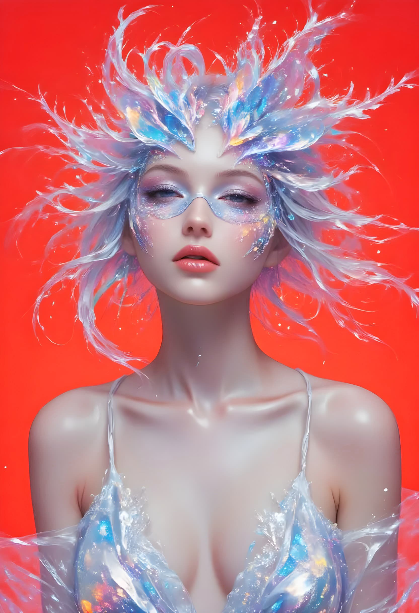 AI generated: A hyper-realistic portrait, in HD, 8K, of a woman wearing a full mask sculpted from shimmering ice a...