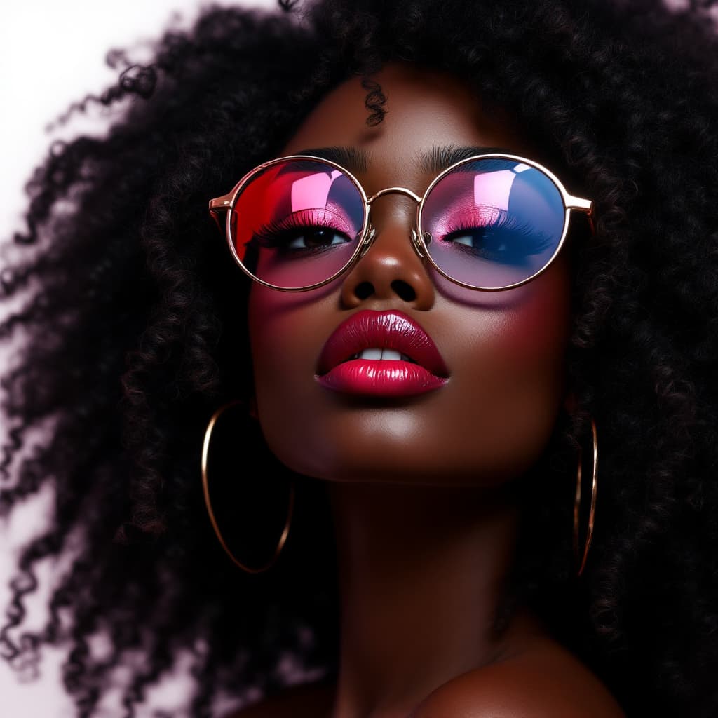 AI generated: white background, beautiful portrait of black skinned african girl, black curly hair, wearing glasse...