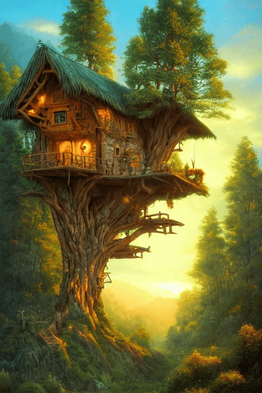 AI generated: valley, fairytale treehouse village covered,, matte painting, highly detailed, dynamic lighting, cin...