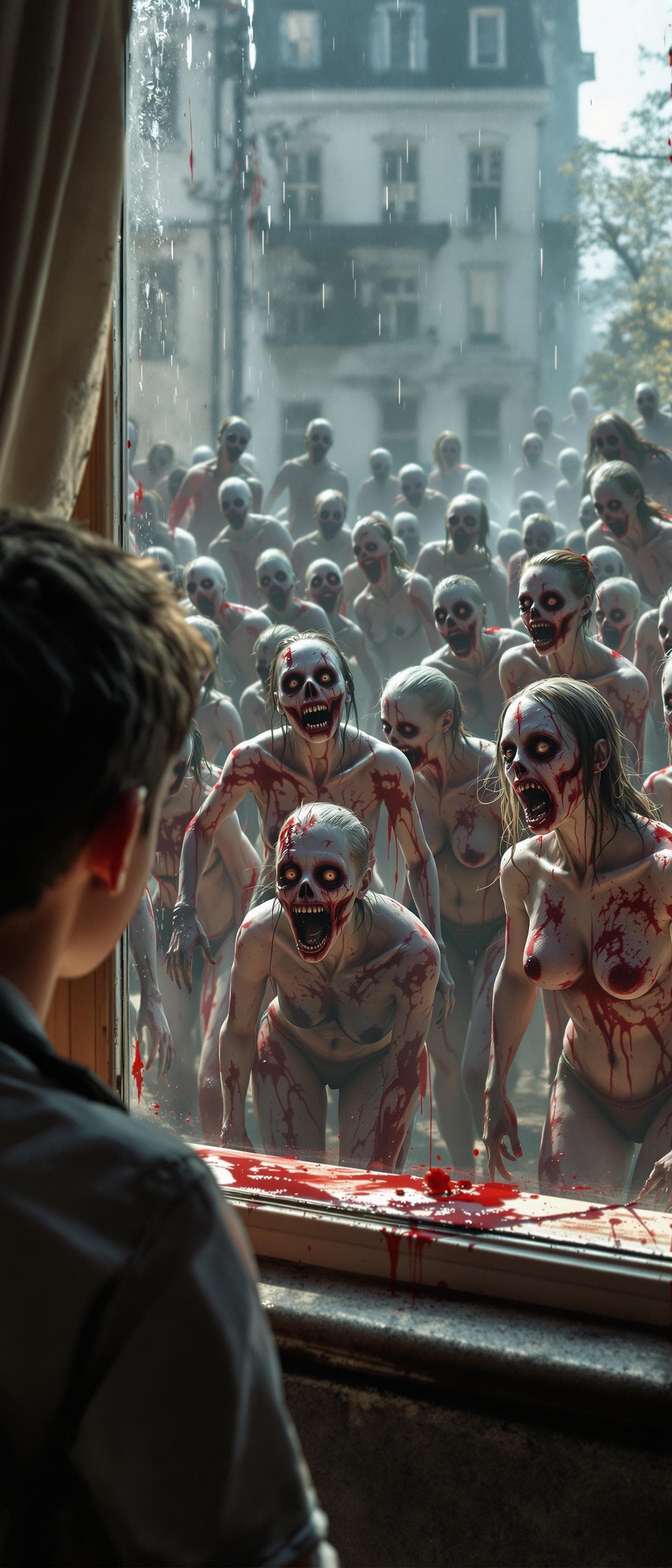 AI generated: A boy looking from a window at daylight and sees many walking womem zombies   . Their body are expos...