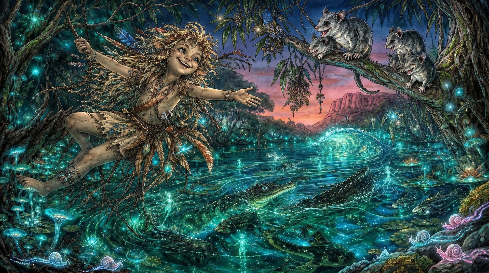 AI generated: In a surreal, whimsical world where Aussiecore DreamtimeFunk meets WyldeFey elemental aesthetics, a ...