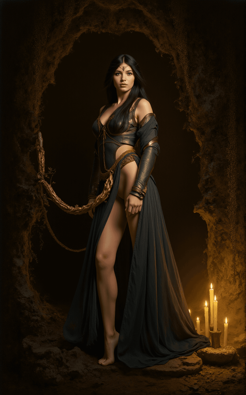 AI generated: A striking young female with long, flowing black hair and a slender, athletic build stands as the ce...