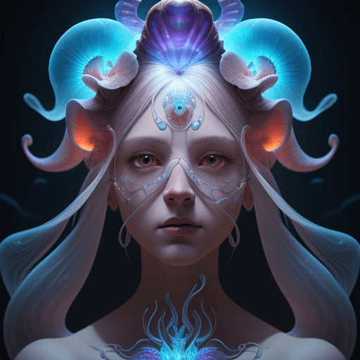 AI generated: Goddess close-up portrait ribcagel. jellyfish phoenix head, nautilus, orchid, skull, betta fish, bio...