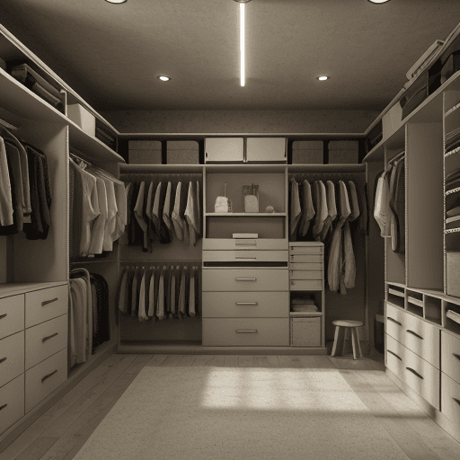 AI generated: 4k,8k,hyper realistic photography of a sepreate wardrobe room,dark beige,industrial style,wood,led l...