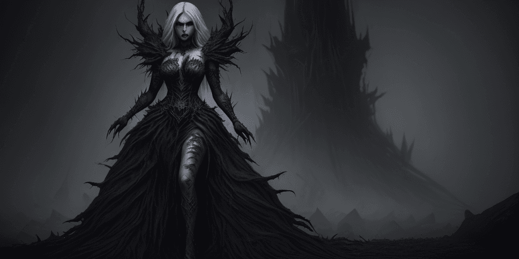 AI generated: a full body portrait of dark queen, dark fantasy randy theme, mystical, zoomed, Dark theme, underwor...