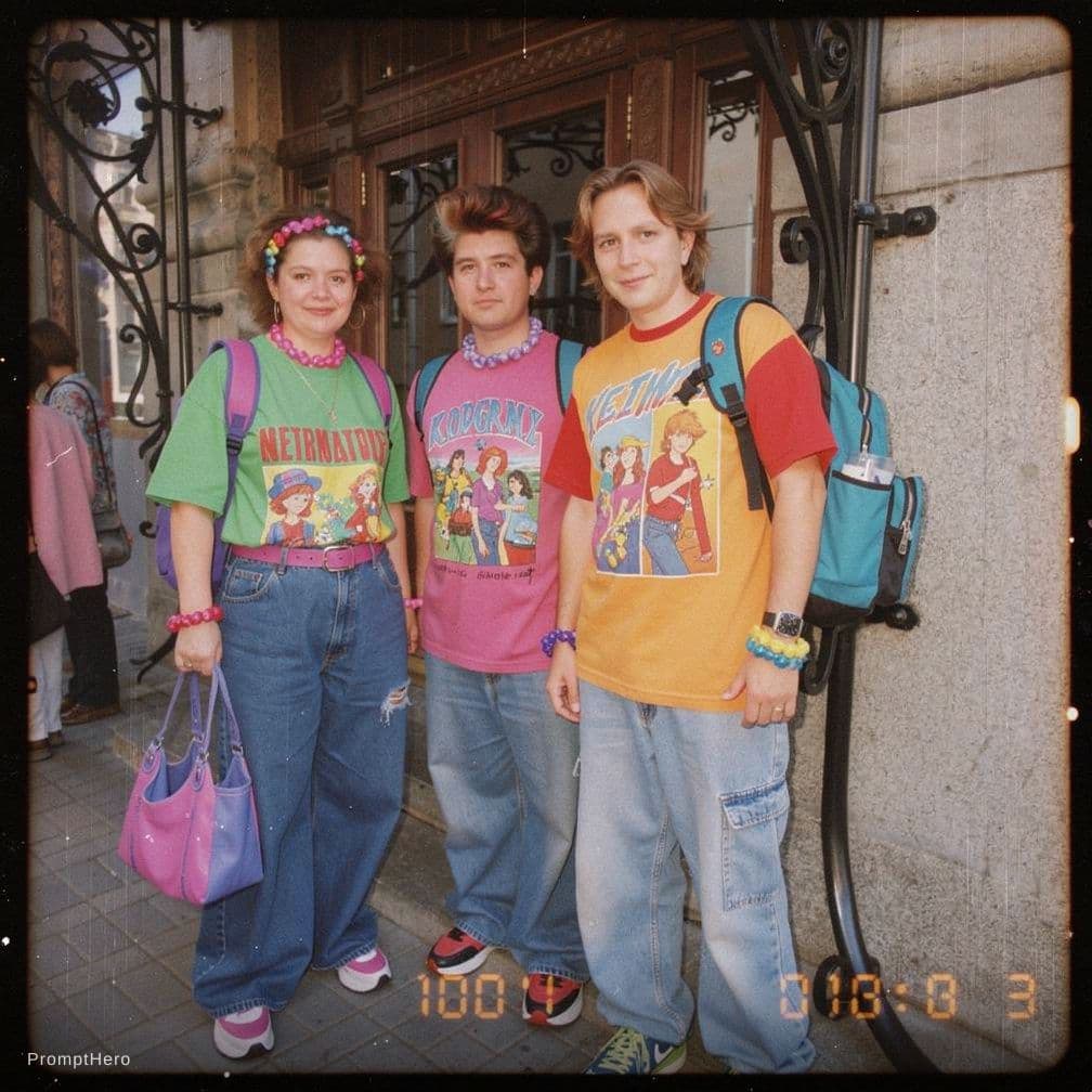 AI generated: Kooky portraits of 90’s mall teens in retro clothing, shot on VHS