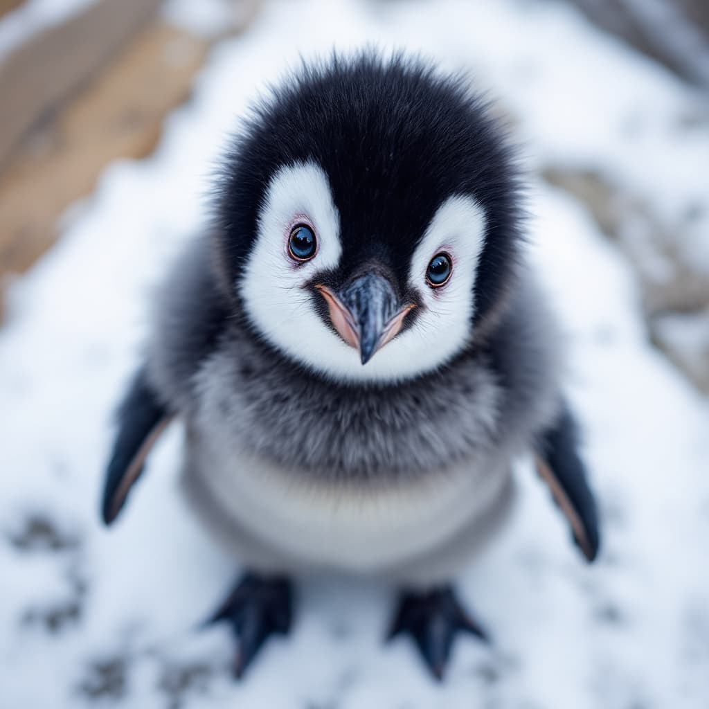 AI generated: An adorable baby emperor penguin with a round, fluffy body covered in thick dark gray feathers. Its ...