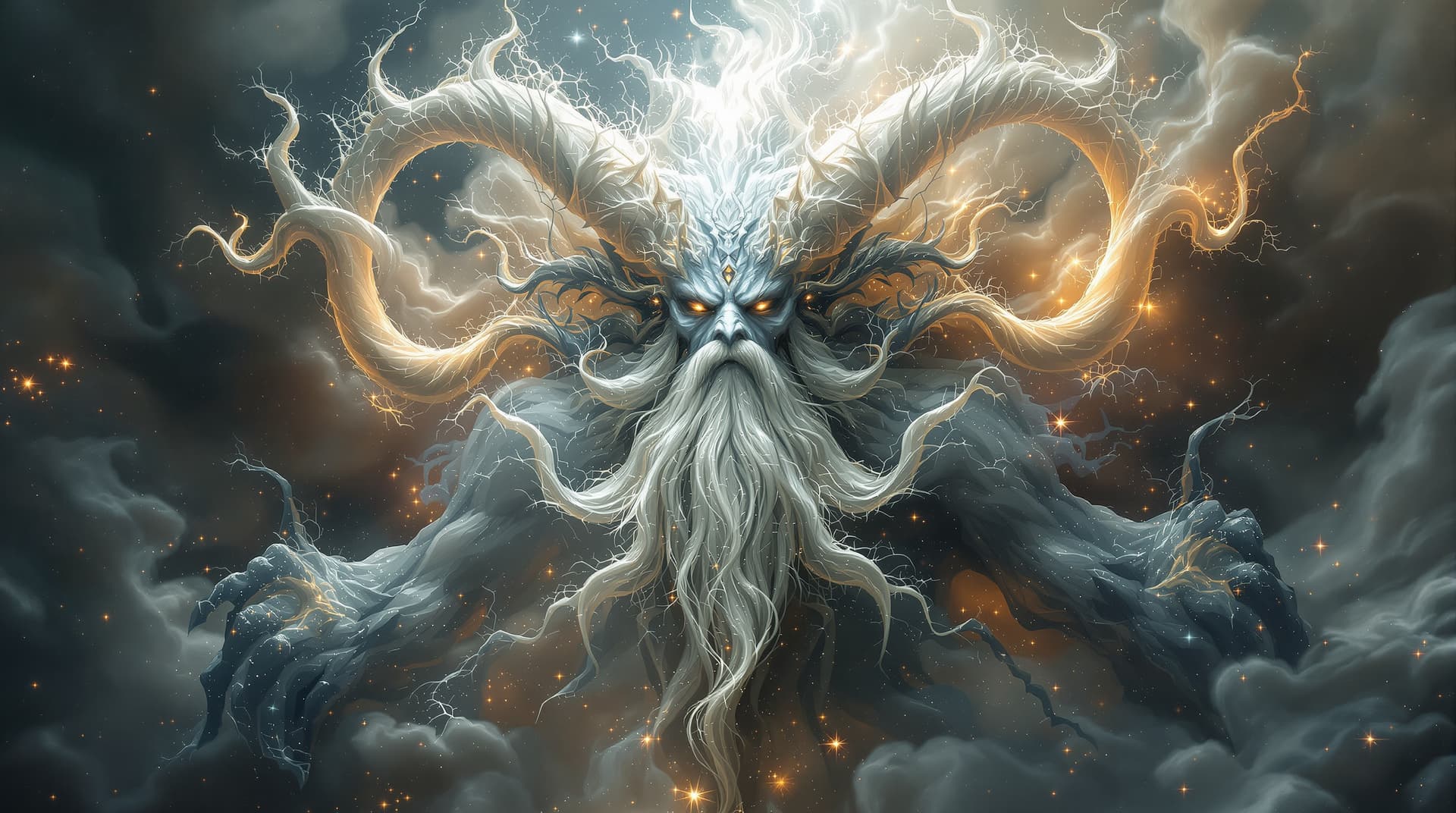 AI generated:  A majestic fractal figure evokes ancient wisdom and mythical power, which dominate the scene. With,...