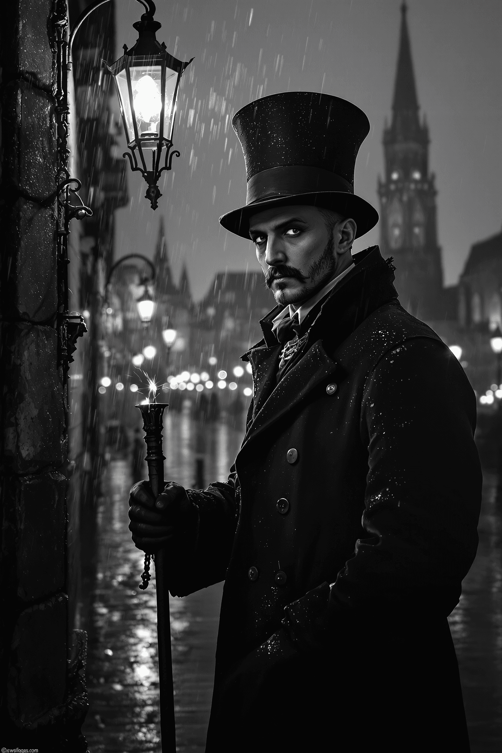 AI generated: Gothic hyper-realistic portrait scene in black and white: a lamplighter with a tall top hat and long...