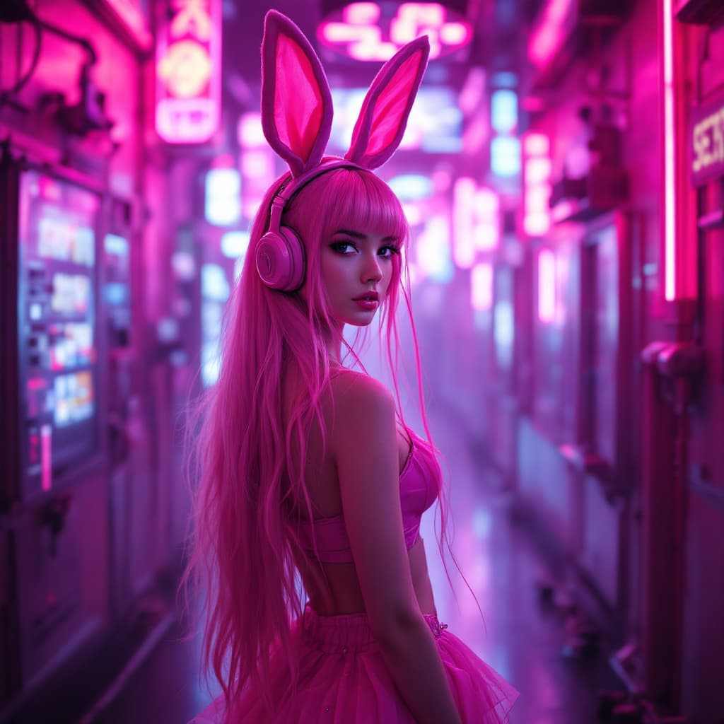 AI generated: The pink bunny girl in the cyber world is a cyberpunk (full body photo), with beautiful long hair, w...