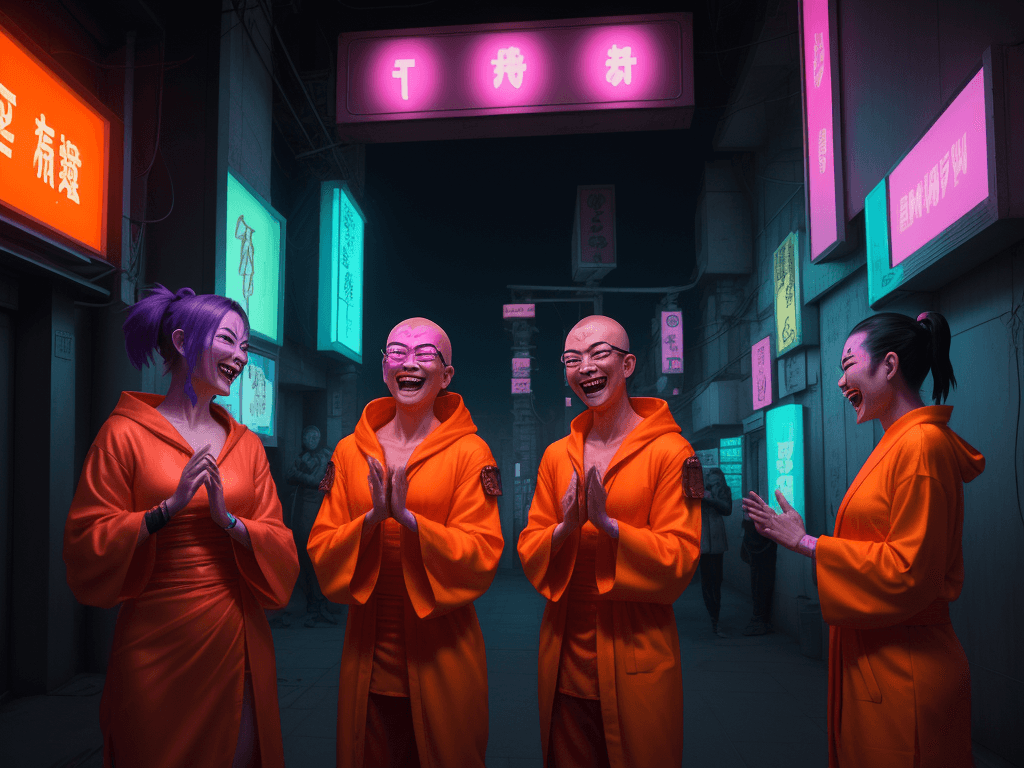 AI generated: three cyberpunk buddhist people laughing with two people on a neon lit street, standing mocking in t...
