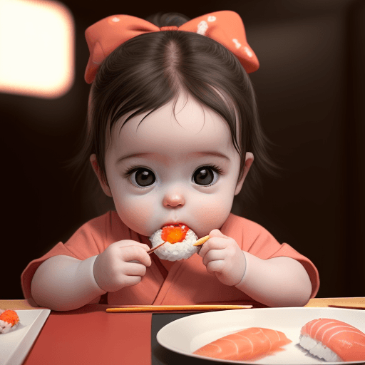 AI generated: Cute baby , eating sushi. cinematic, hyper realism, high detail, 