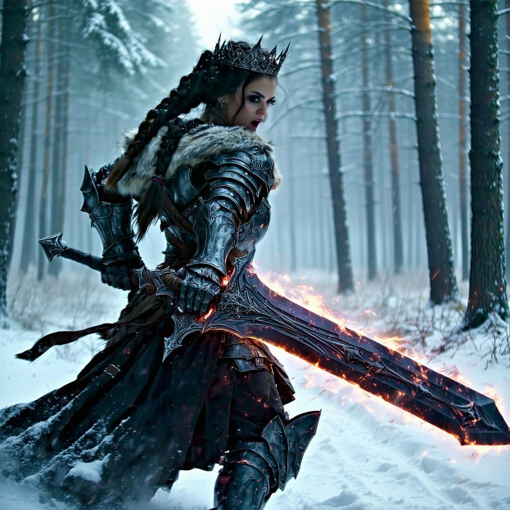 AI generated: Frozen Fray: A barbarian warrior, encased in battered black chrome armor, charges forward amidst a b...