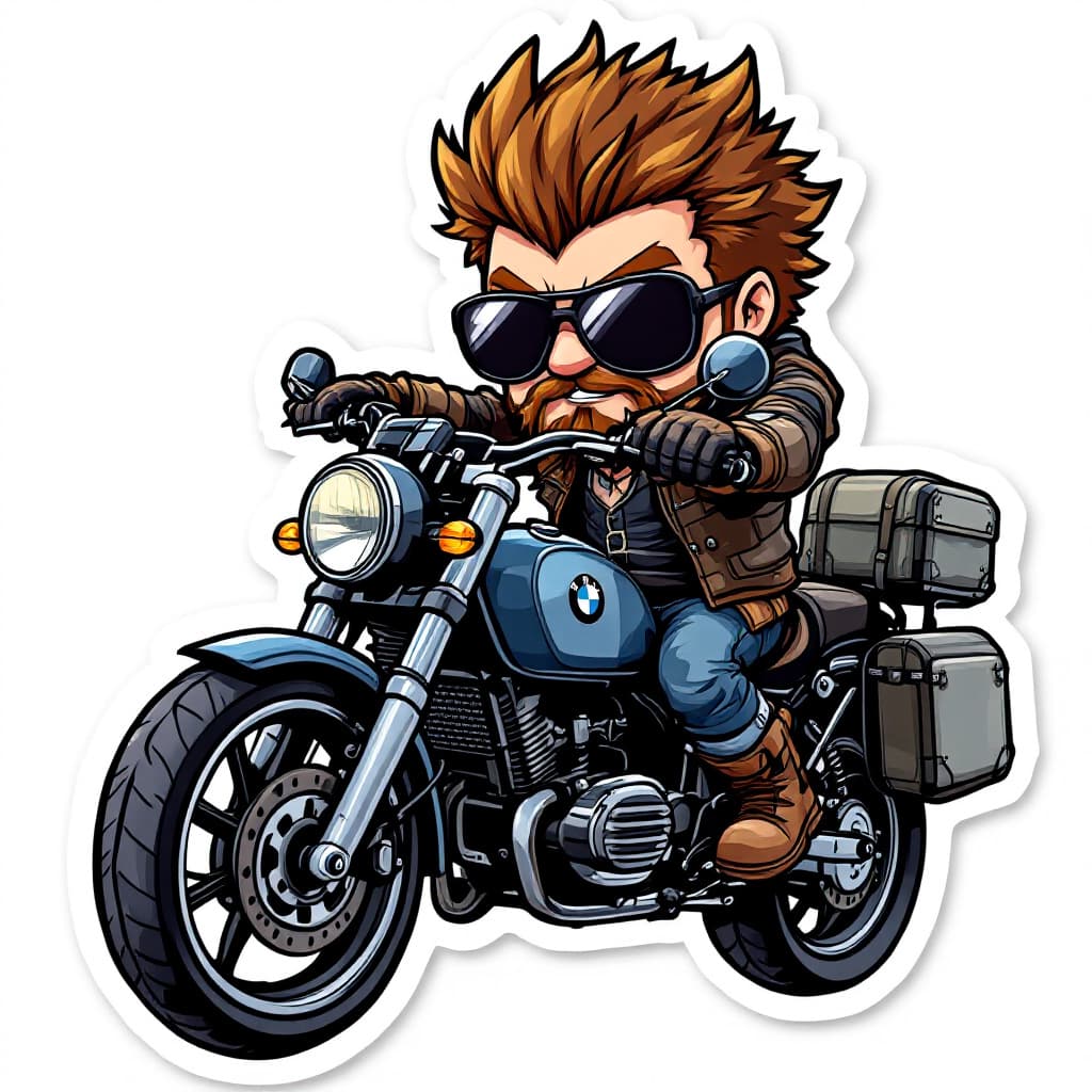 AI generated: ((cute sticker of Biker guy with spiky brown hair, wolf hat, pit viper sunglasses and leather jacket...