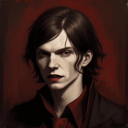 AI generated: Javier Milei vampire as Jonathan Yeo paint. 
Red background. 