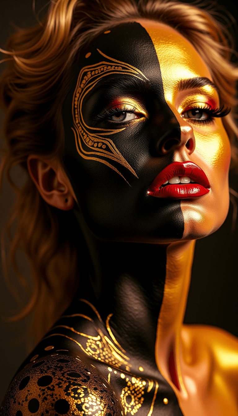 AI generated: An image of a woman with a hyperrealistic style, showcasing an elaborate body paint design. The skin...