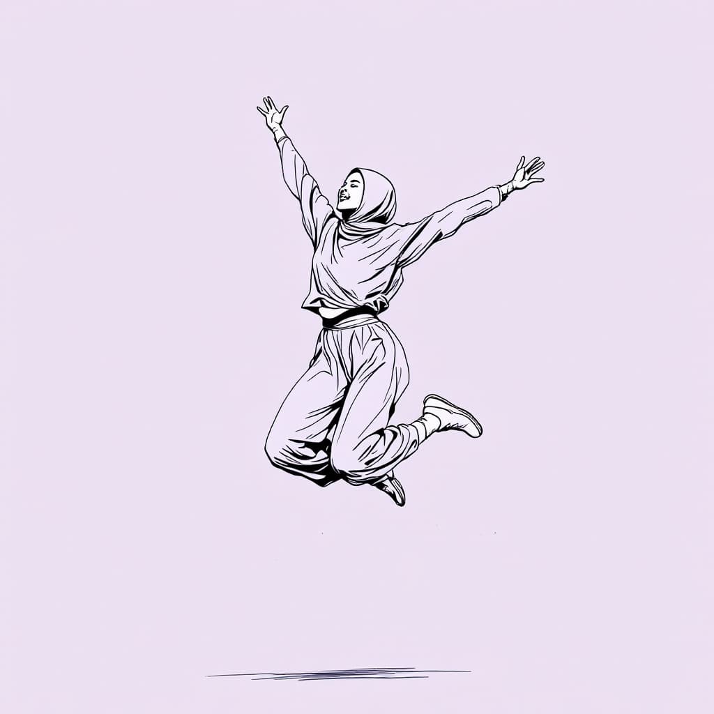 AI generated: minimalist line art drawing of a hijabi girl leaping joyfully, sketched in continuous black lines ag...