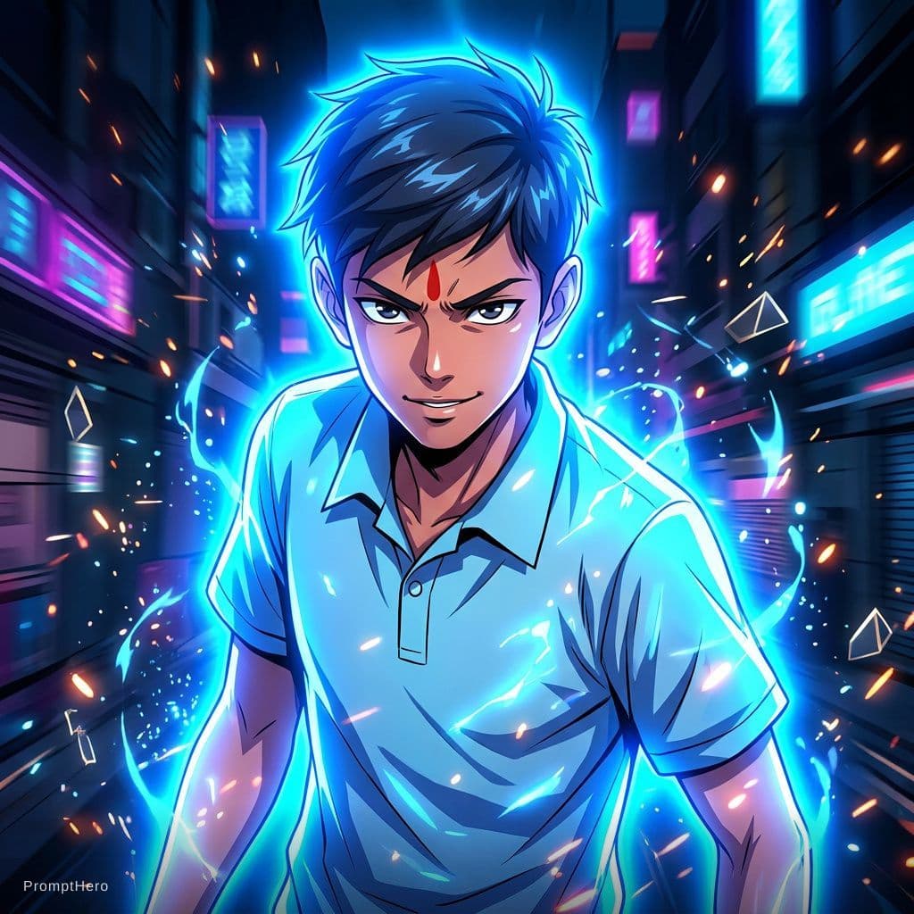 AI generated: Anime image a boy looking attitude is Aura glowing in blue colour