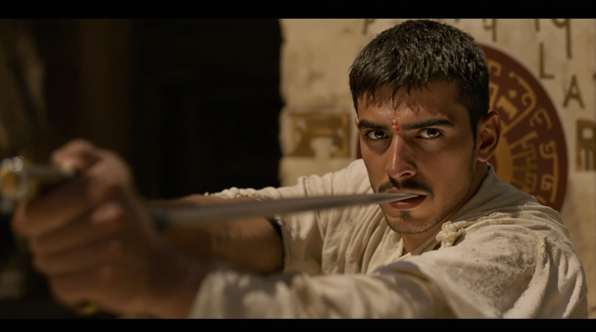 AI generated: 3.	Medium shot of young Ariobarzan striking a practice target with a wooden sword, sweat glistening ...
