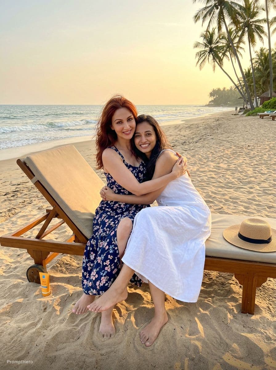 AI generated: Make them at a beach sitting in a single chair with the girl sitting on the other girls lap