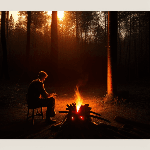 AI generated: Photo of a lonely man in a forest hut lighting a fire at sunset