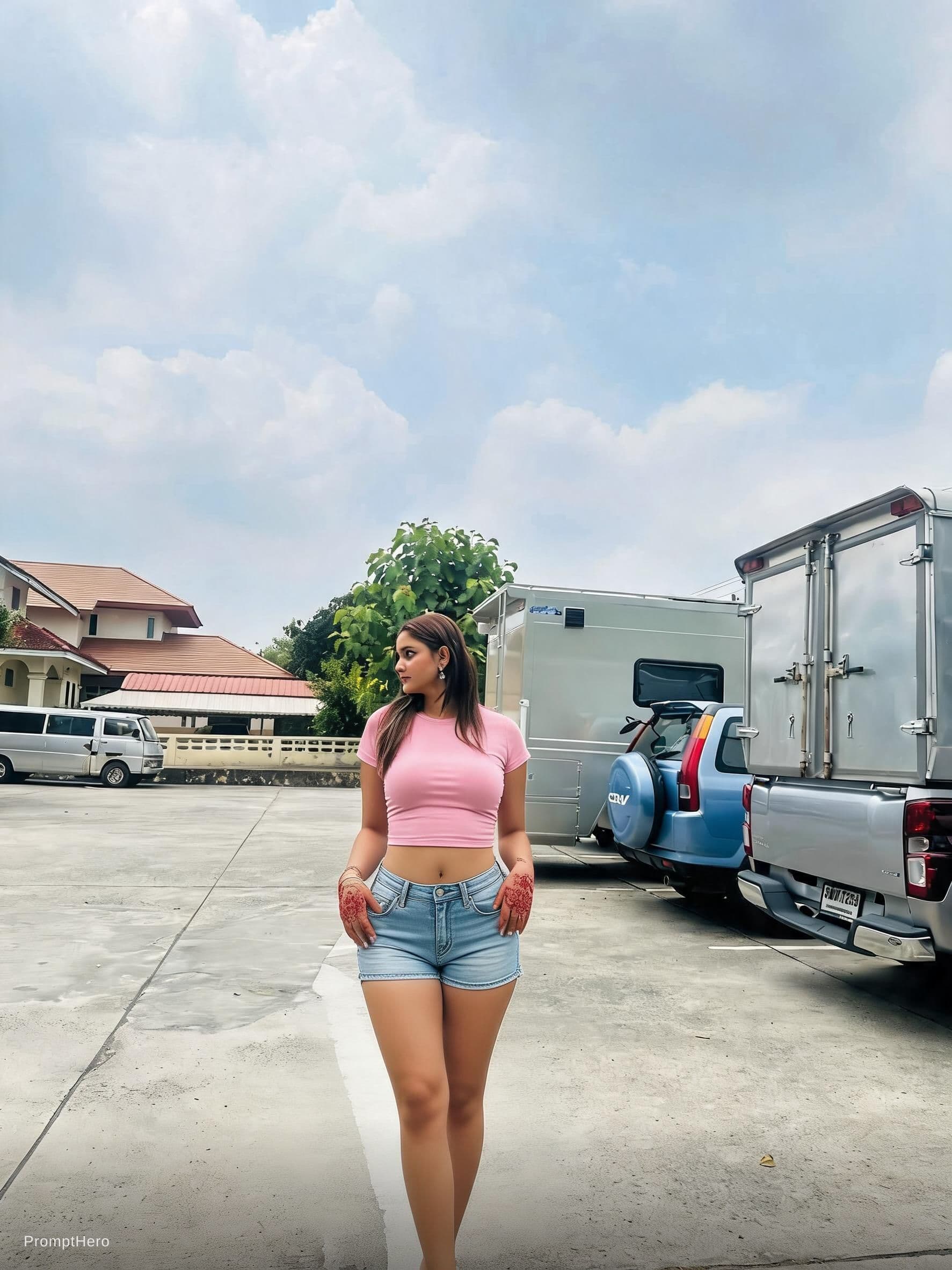 AI generated: Don't change face .. change dress to pink bra top and short  jean pant 