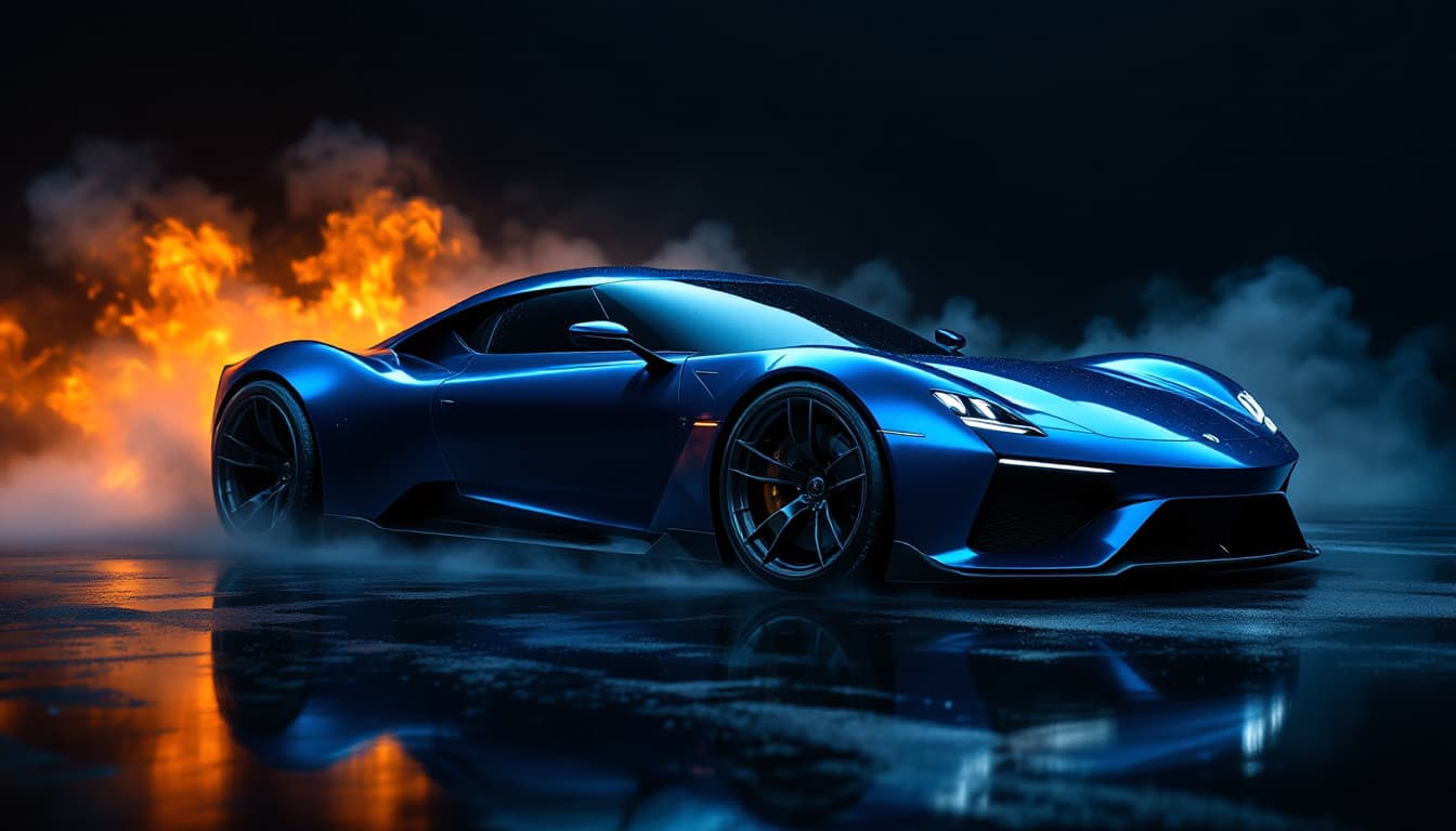 AI generated: Image is a high-resolution, dramatic photograph featuring a sleek, modern sports car with a low, aer...