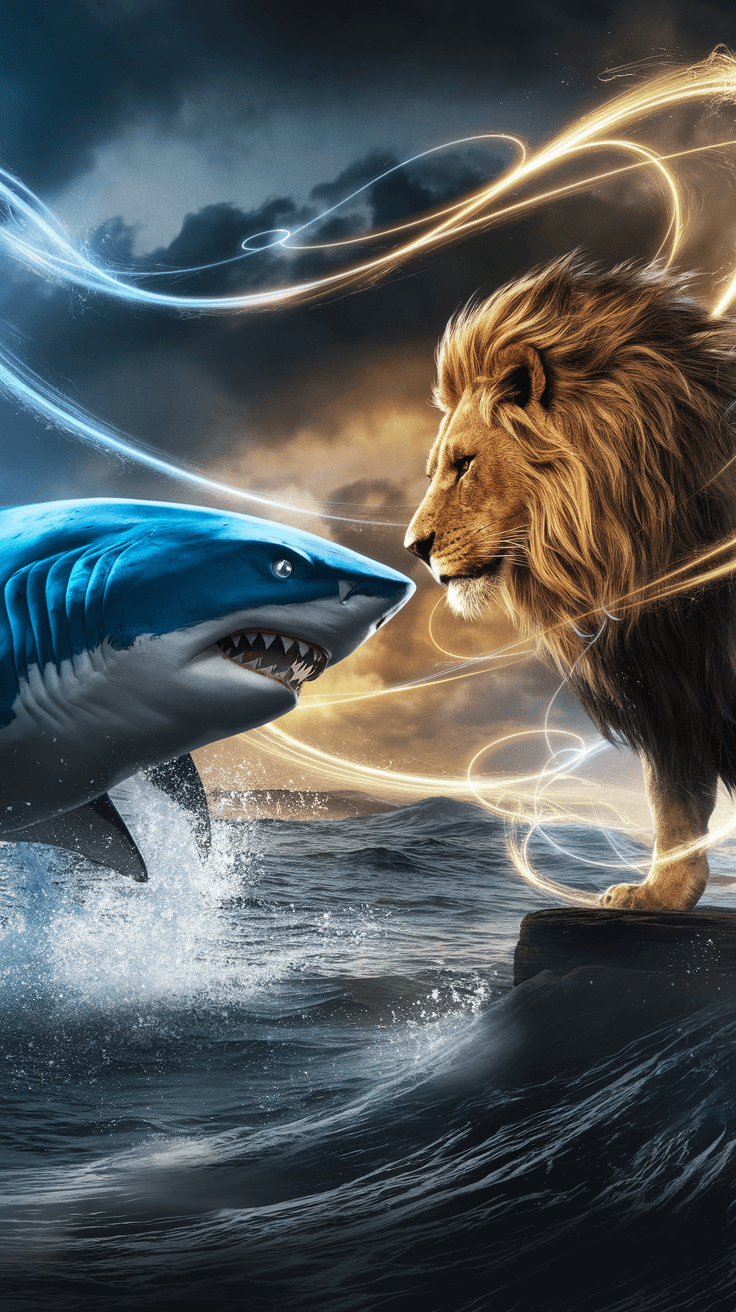 AI generated: A cinematic, hyper-detailed image depicting a fierce blue shark, its sleek, powerful body fully visi...
