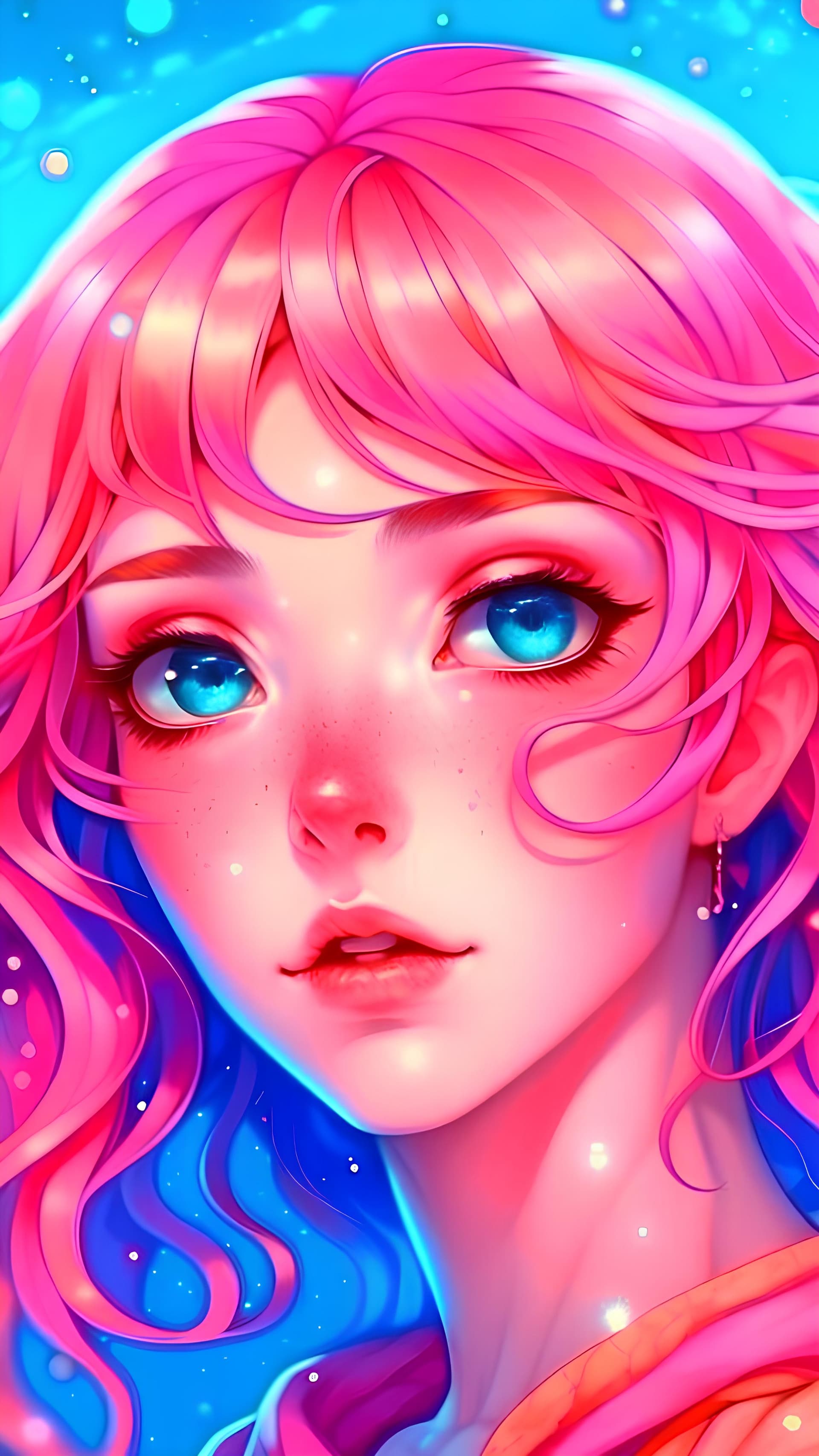AI generated: a woman with pink hair and blue eyes, an anime drawing, tumblr, digital art, blurry and dreamy illus...