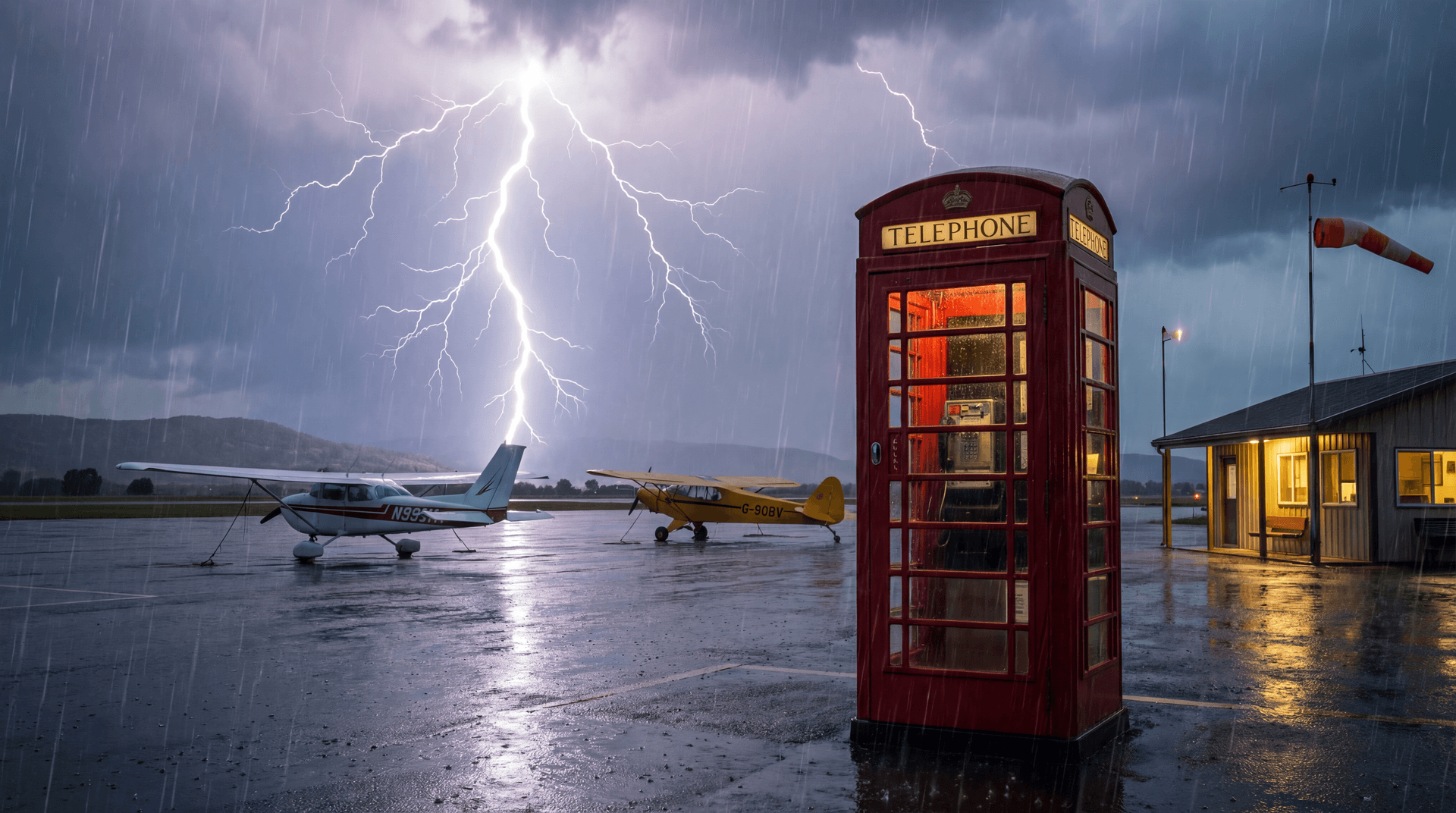 AI generated: 4K, high detail image of a phone booth at a small airport with thunderstorms and lightning at 3 AM. ...