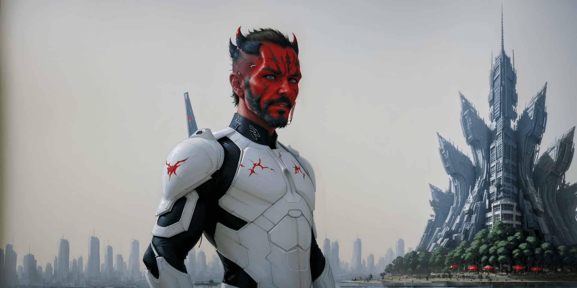AI generated: light white nano suit futuristic armor, shiny chrome ( roji shinkawa style , greg rutowski style, pe...