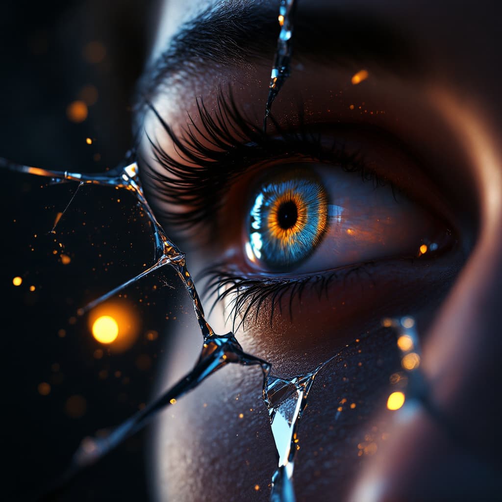 AI generated: 91.	3D close-up of a cracked mirror fragment reflecting an eye, eerie lighting --v 7 --style concept...