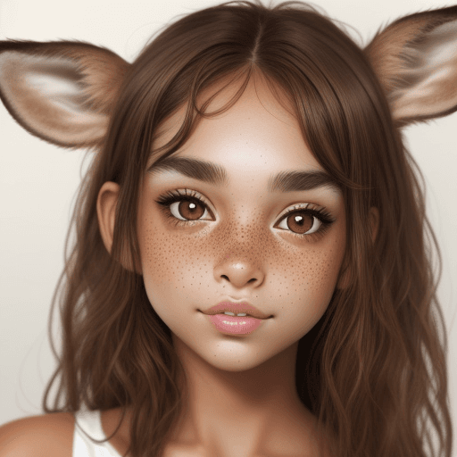 AI generated: attractive young deer girl, brown eyes, brown hair, tan skin, freckles