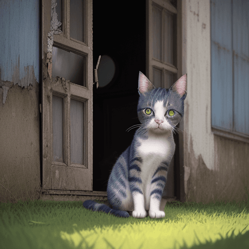 AI generated: Create an image of a little cat sitting in the grass in front of the door of an old, dilapidated hou...