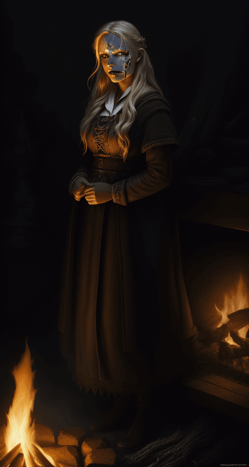 AI generated: hyper realistic oil painting of a full size blonde woman standing by the fire in a dark wood, wearin...