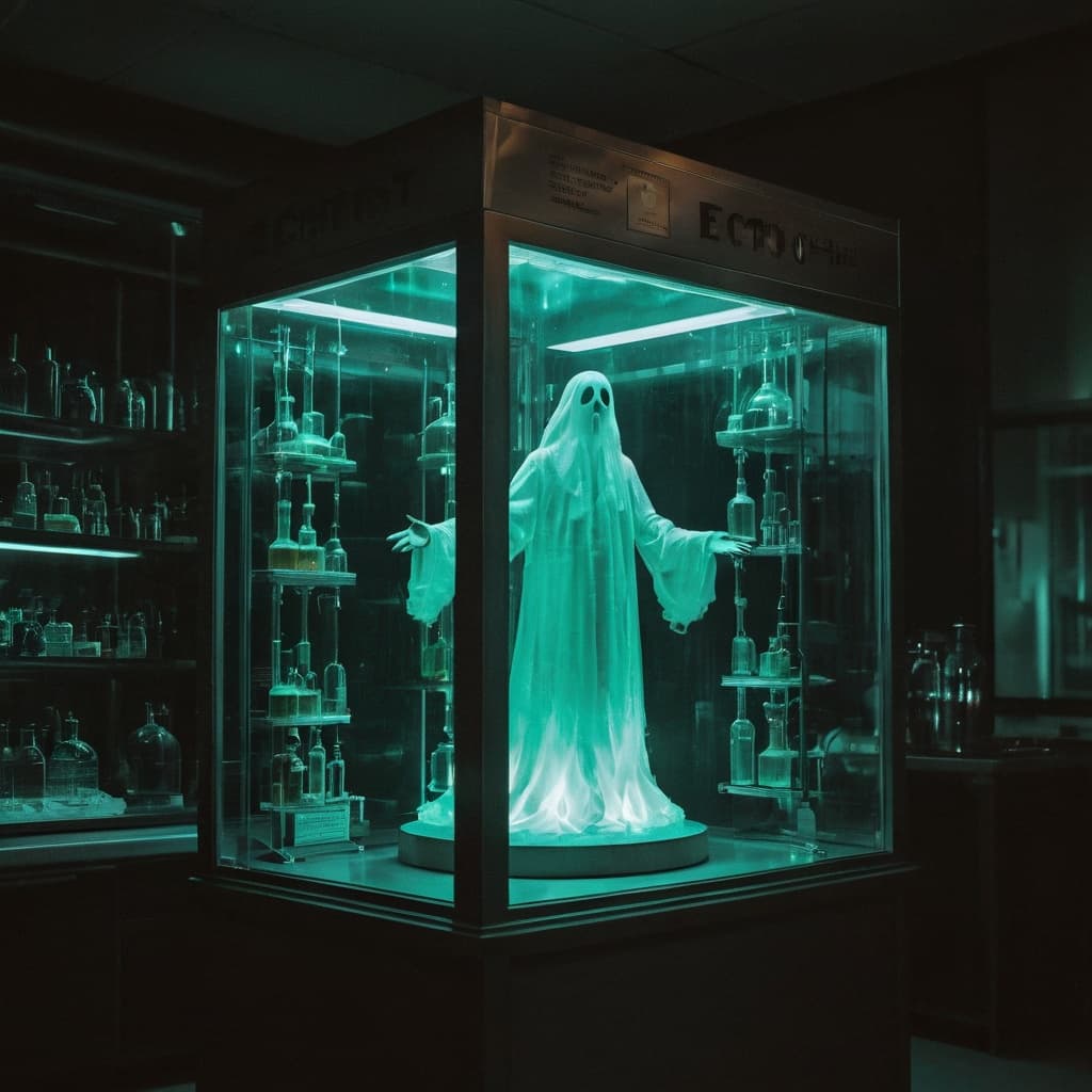AI generated: a display case for a glowing ectoplasmic ghost in a laboratory environment, cinematic, dramatic ambi...