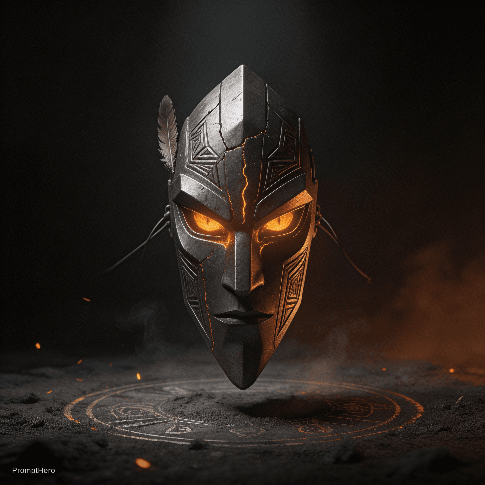 AI generated: A hyper-detailed cinematic album cover featuring a vertically dominant tribal metal mask as the cent...