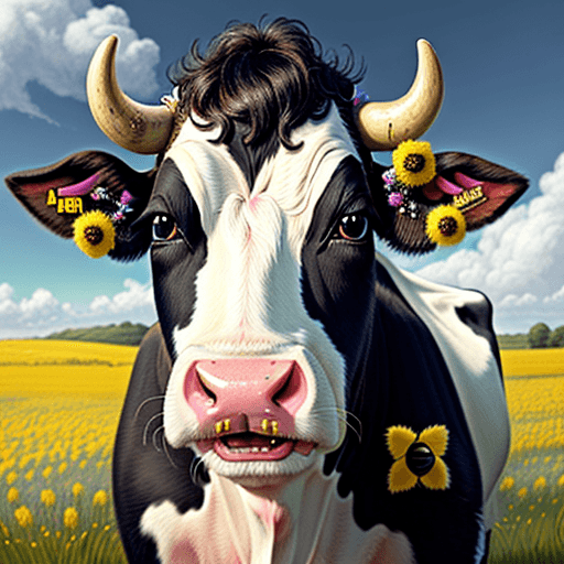 AI generated: A happy cow in a field that is wearing a cute and fluffy bumble bee costume, in the style of illusor...