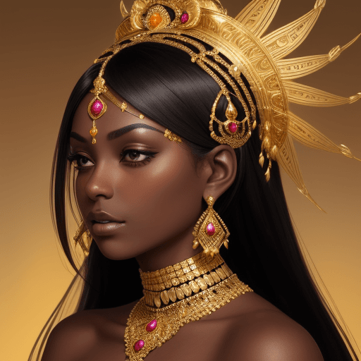 AI generated: A dark-skinned princess wearing an intricate golden headdress with golden jewels that dangle to the ...