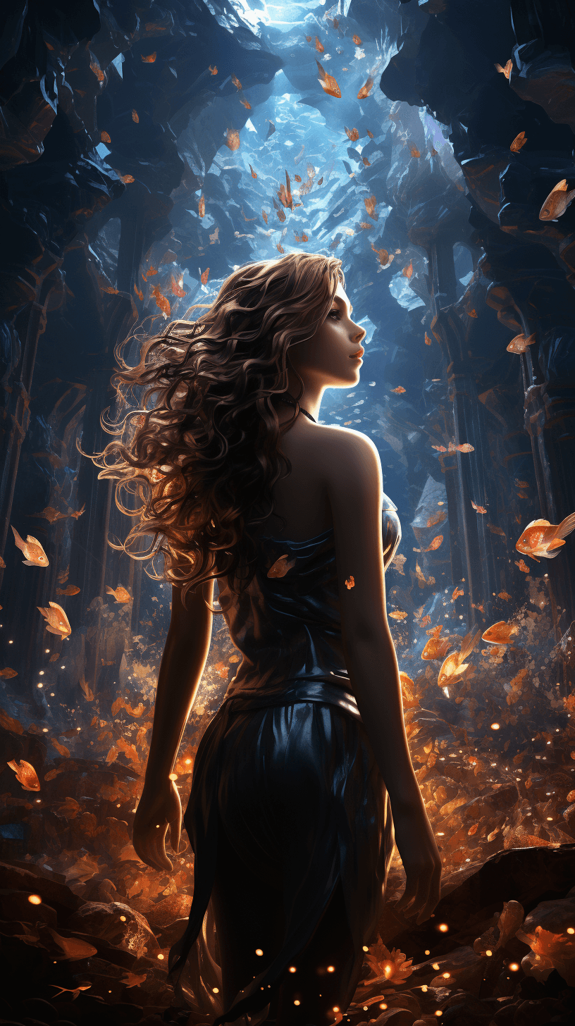 AI generated: An ethereal Mermaid, with iridescent scales and flowing hair, gracefully swimming in the depths of a...