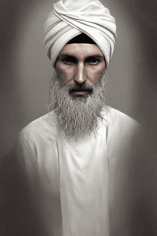 AI generated: portrait of Religious mysteries man , white long hair and Turban on head, mature, peaceful, detailed...