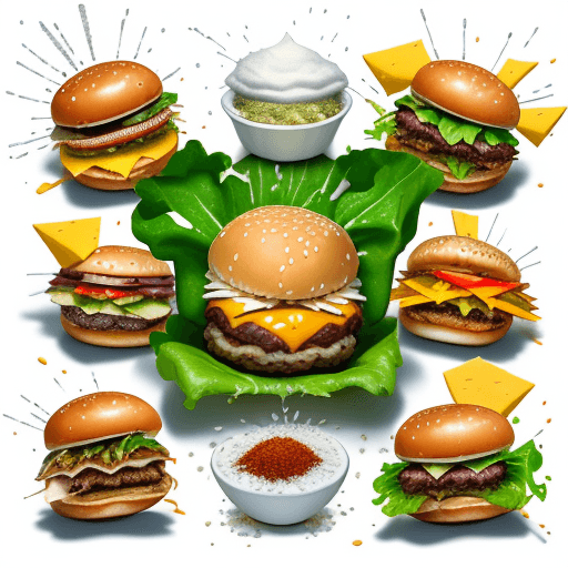 AI generated: Flying food photography with [Two Burgers] as the main subject, Splashes of Toppings and Seasonings,...