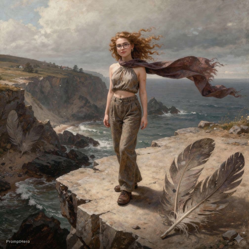 AI generated: A young female with sun-kissed bronze curls cascading in loose, wind-blown waves stands on a jagged ...